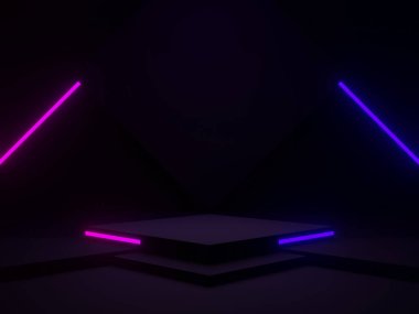 Mavi ve mor neon ışıklı 3D siyah geometrik podyum.