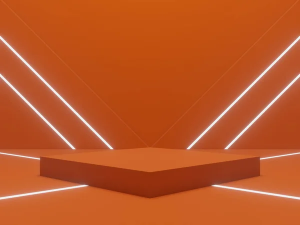 3D orange geometric background with white neon lights.