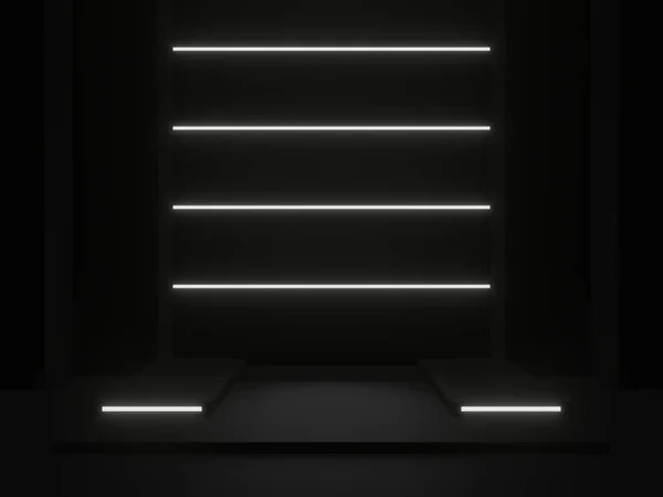 3D Black geometric stage with white neon lights. Dark background.