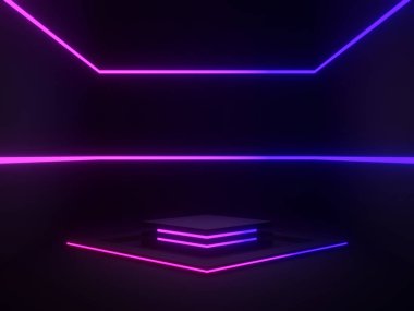 Mavi ve mor neon ışıklı 3D siyah geometrik podyum.