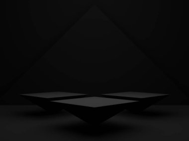 Üç boyutlu siyah geometrik podyum. Koyu arkaplan.