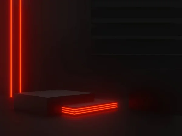 Renderat Svart Produktställ Med Rött Neonljus — Stockfoto
