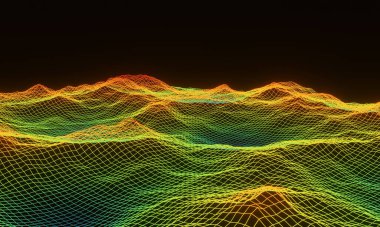 3 boyutlu görüntüleme. Gradyan neon şebekesi. Bilimsel olarak oluşturulan veriler.
