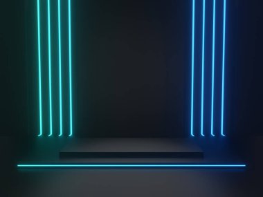 3D siyah bilim sahnesini mavi neon ışıklarla donattı. Geometrik podyum. Bilimkurgu standı.