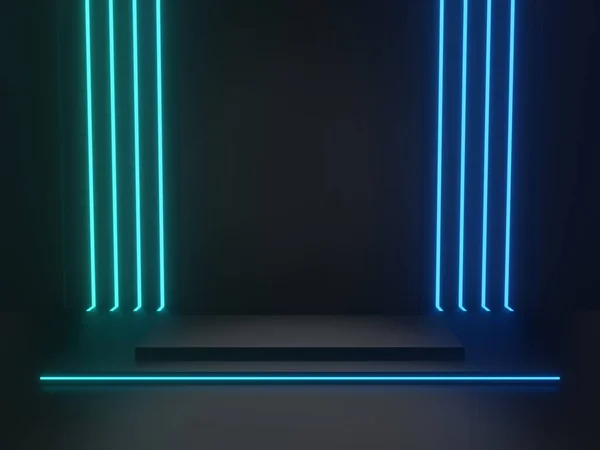 Escenario Científico Negro Renderizado Con Luces Neón Azules Podio Geométrico — Foto de Stock