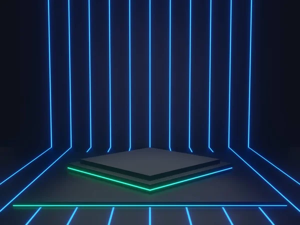 Gemaakt Zwart Wetenschappelijk Podium Met Blauwe Neon Lichten Geometrische Podium — Stockfoto