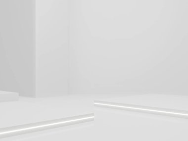 3D render White Sci-Fi ürün görüntüleme modeli. Beyaz neon ışıklı bilimsel arkaplan.