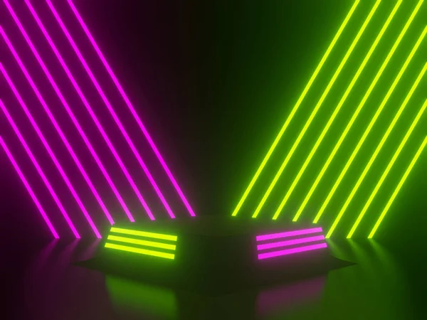 3D渲染带有绿色和粉色霓虹灯的黑色几何平台 — 图库照片