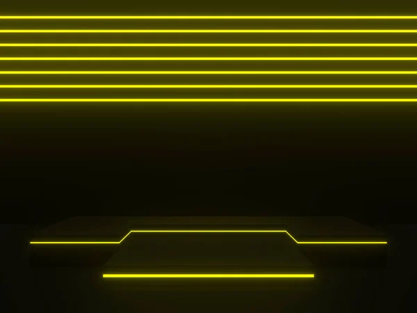 3D Black geometric stage with yellow neon lights.