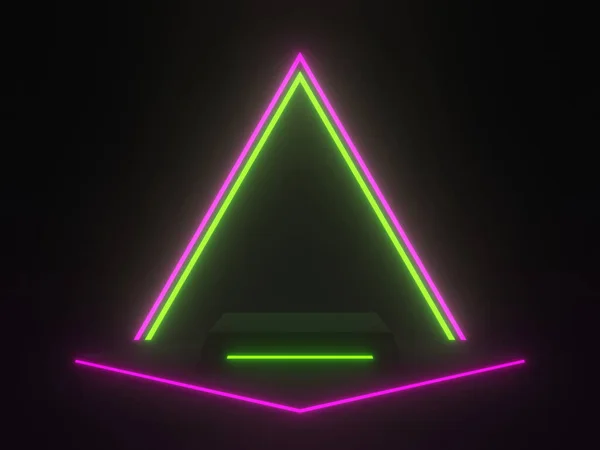 Wykonane Czarne Geometryczne Podium Zielonymi Różowymi Światłami Neonowymi — Zdjęcie stockowe