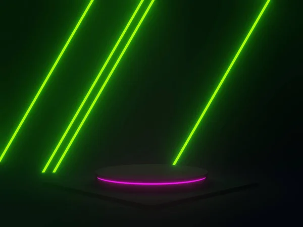 Wykonane Czarne Geometryczne Podium Zielonymi Różowymi Światłami Neonowymi — Zdjęcie stockowe
