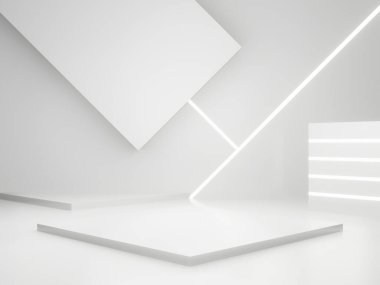 3D render White Sci-Fi product display background. Scientific podium with white neon lights.