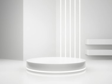 3D render White Sci-Fi product display background. Scientific podium with white neon lights.