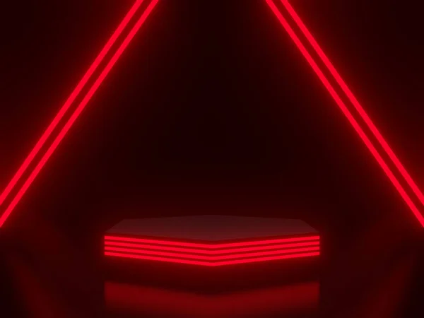 赤ネオンで3Dレンダリング黒の表彰台 — ストック写真
