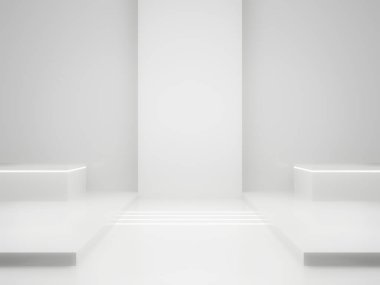 3D render White Sci-Fi ürün görüntüleme modeli. Beyaz neon ışıklı bilimsel podyum.