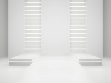 3D render White Sci-Fi ürün görüntüleme modeli. Beyaz neon ışıklı bilimsel podyum.