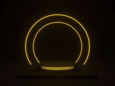 3D, sarı neon ışıklı siyah geometrik podyum.