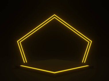 3D, sarı neon ışıklı siyah geometrik podyum.