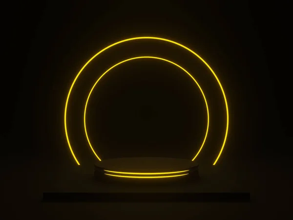 Gerendertes Schwarzes Geometrisches Podium Mit Gelben Neonlichtern — Stockfoto