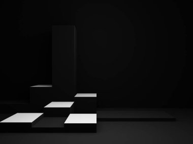 3D siyah-beyaz geometrik ürün podyumu.