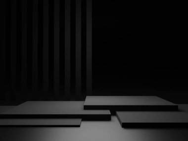 Üç boyutlu siyah geometrik podyum. Koyu arkaplan.