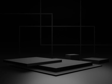 Üç boyutlu siyah geometrik podyum. Koyu arkaplan.