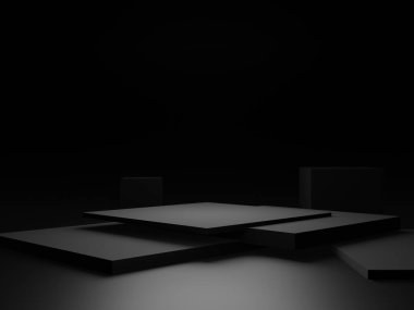Üç boyutlu siyah geometrik podyum. Koyu arkaplan.