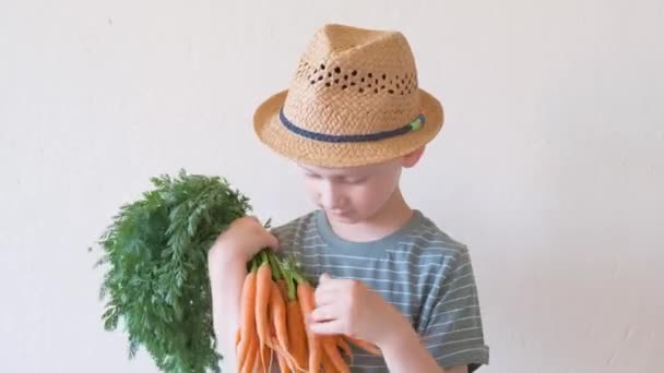 Un niño pequeño con una zanahoria en la mano. Niño y verduras — Vídeo de stock