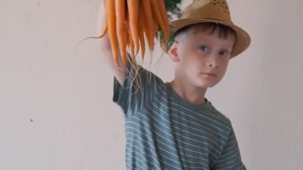 Un niño pequeño con una zanahoria en la mano. Niño y verduras — Vídeos de Stock