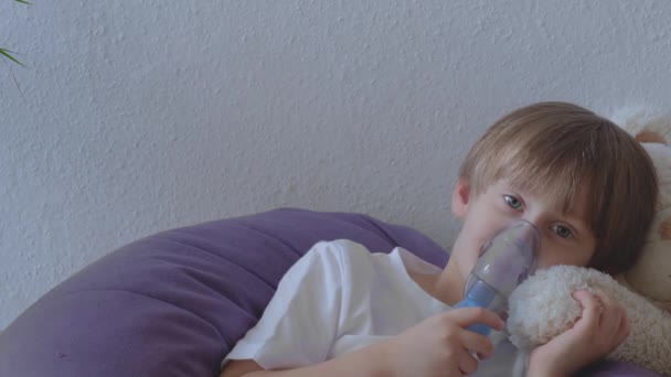 Sick Child Breathes Nebulizer Inhalation Colds — Stock video