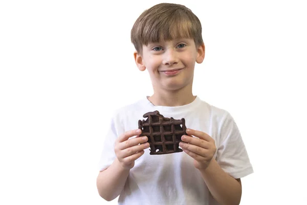 Happy Boy Chocolate Waffle White Background High Quality Photo — Fotografia de Stock