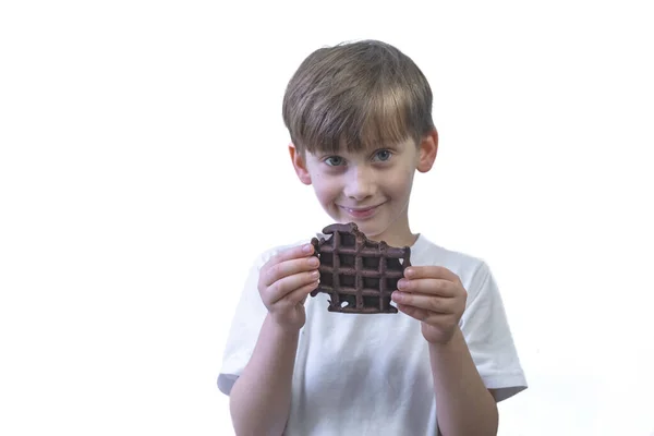 Happy Boy Chocolate Waffle White Background High Quality Photo — Stock Photo, Image