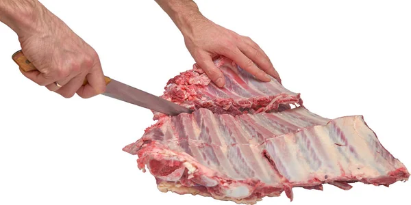 Hand Knife Cutting Meat Beef Ribs — Stock Photo, Image