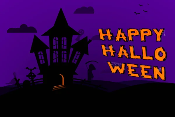 Halloween pozadí s tmavou siluetou opuštěného starého domu, hřbitova, duchové a netopýři. Šťastný Halloween prapor. Vektor. — Stockový vektor
