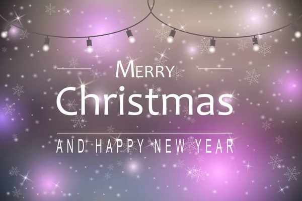 Feliz Navidad y Feliz Año Nuevo letras sobre fondo colorido con copos de nieve, estrellas y guirnalda. Fondo de Navidad. Vector. — Vector de stock