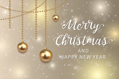 Altın Noel topları, kar taneleri, yıldızlar ve çelenklerle dolu mutlu noeller ve yeni yıl mektupları. Noel arkaplanı. Vektör.