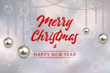 Gümüş Noel topları ve düşen kar taneleriyle mutlu noeller ve yeni yıl mektupları. Noel arkaplanı. Vektör.