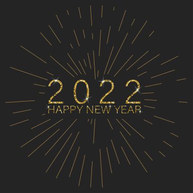 2022 Blastand ve parıltı ışınlarıyla yeni yılınız kutlu olsun. Altın parıltılı yeni yıl mektupları. Tatil vektörü.