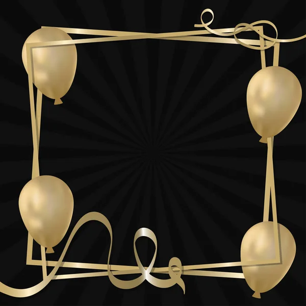 Globos de aire de oro 3d con cintas en el marco con lugar de texto sobre fondo negro. Diseño festivo para tarjeta de felicitación, invitación, póster y volante. Ilustración vectorial — Archivo Imágenes Vectoriales