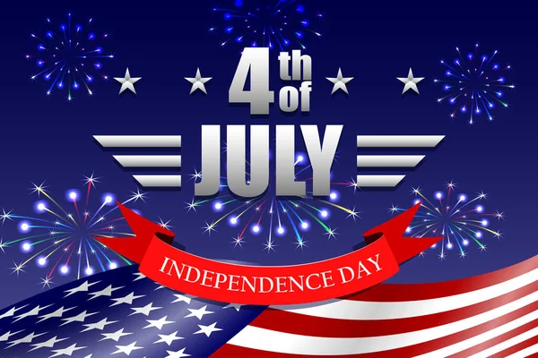 Feliz Dia da Independência fundo com acenando bandeira nacional dos EUA, estrelas, listras e fogos de artifício. Modelo para 4 de julho EUA Independência Dia cartão de saudação. Ilustração vetorial —  Vetores de Stock