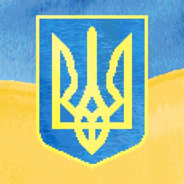 Ukrayna arması, sarı ve mavi arka planda üç dişli mızrak. Ukrayna 'nın devlet sembolü. Grunge fırça stili. Vektör illüstrasyonu