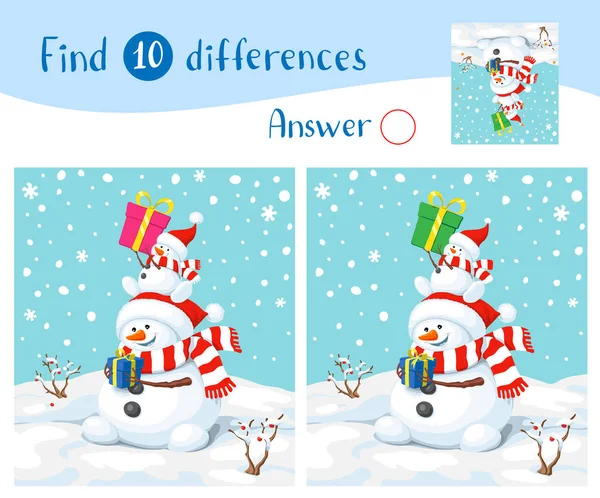 Snowman Bird Illustration Two Snowmen Snowfall Find Differences Educational Game — Stock Vector