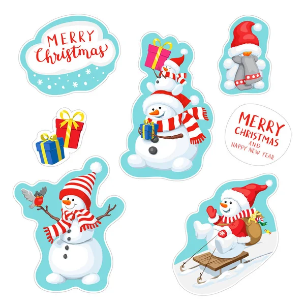 Vector Stickers Set Snowmen Gift Cute Christmas Sticker Two Snowmen — Stock Vector