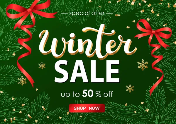 Winter Sale Poster Banner Discount Text Fir Branches Green Background — Stock Vector
