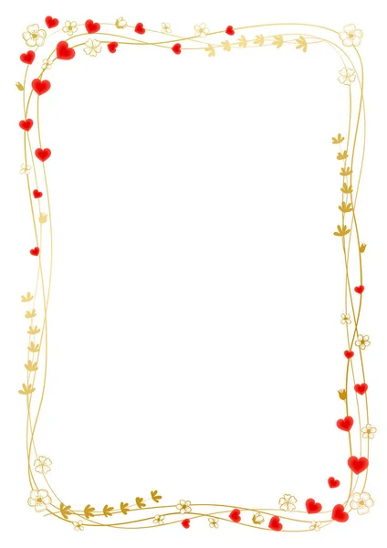 Vector Frame Golden Wavy Lines Flowers Red Hearts Isolated White — Stock Vector