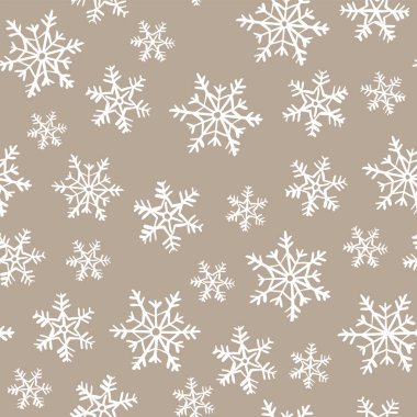 Açık kahverengi arka planda elle çizilmiş beyaz kar taneleri ile vektörsüz desen