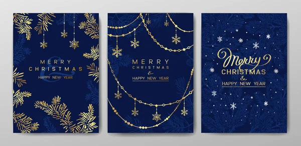 Noel posteri. Koyu mavi arka planda Noel ağacının altın dalları olan Noel kartlarının taşıyıcısı.