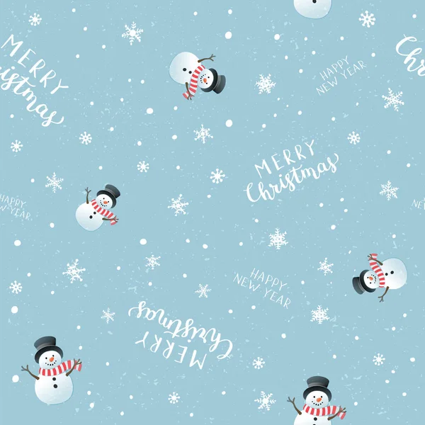 Vector Seamless Pattern Christmas Theme Funny Snowmen Snowflakes Lettering Merry — Stock Vector