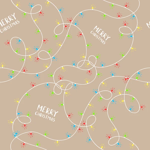 Vector Seamless Pattern Christmas Theme Garlands Colorful Lights Lettering Merry — Stock Vector