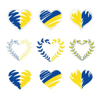 Ukrayna bayrağının kalp şeklinde vektör seti, kalp şeklinde mavi ve sarı defne dalları.